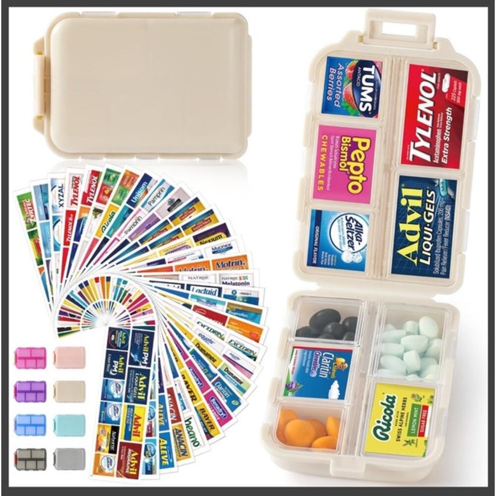 Pink Travel Pill Organizer Box w Medicine Name Labels Pocket Daily Pharmacy Case - Picture 2 of 6